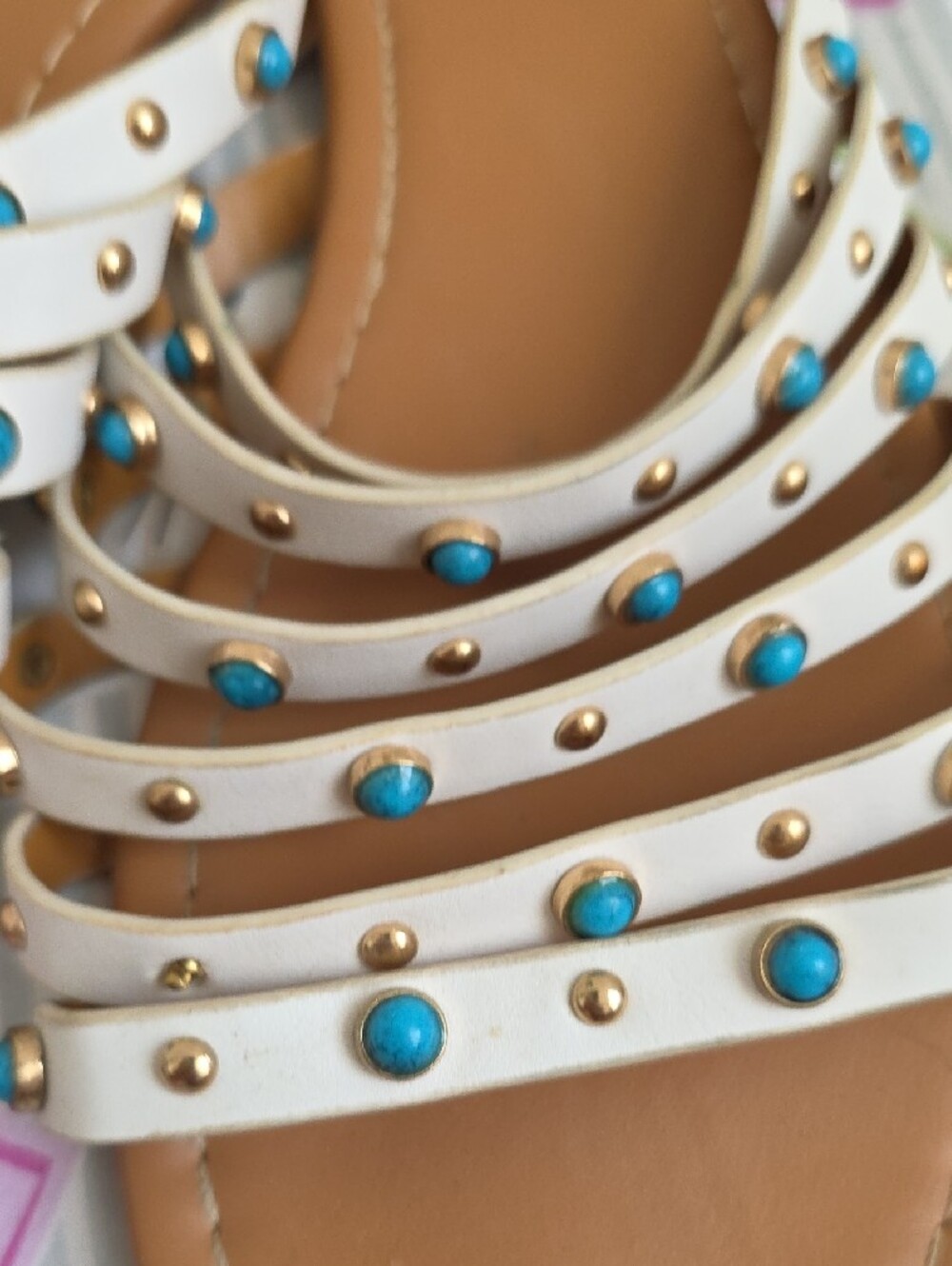 Sociology White Strappy Sandals with Turquoise Studs - Picture 3 of 6
